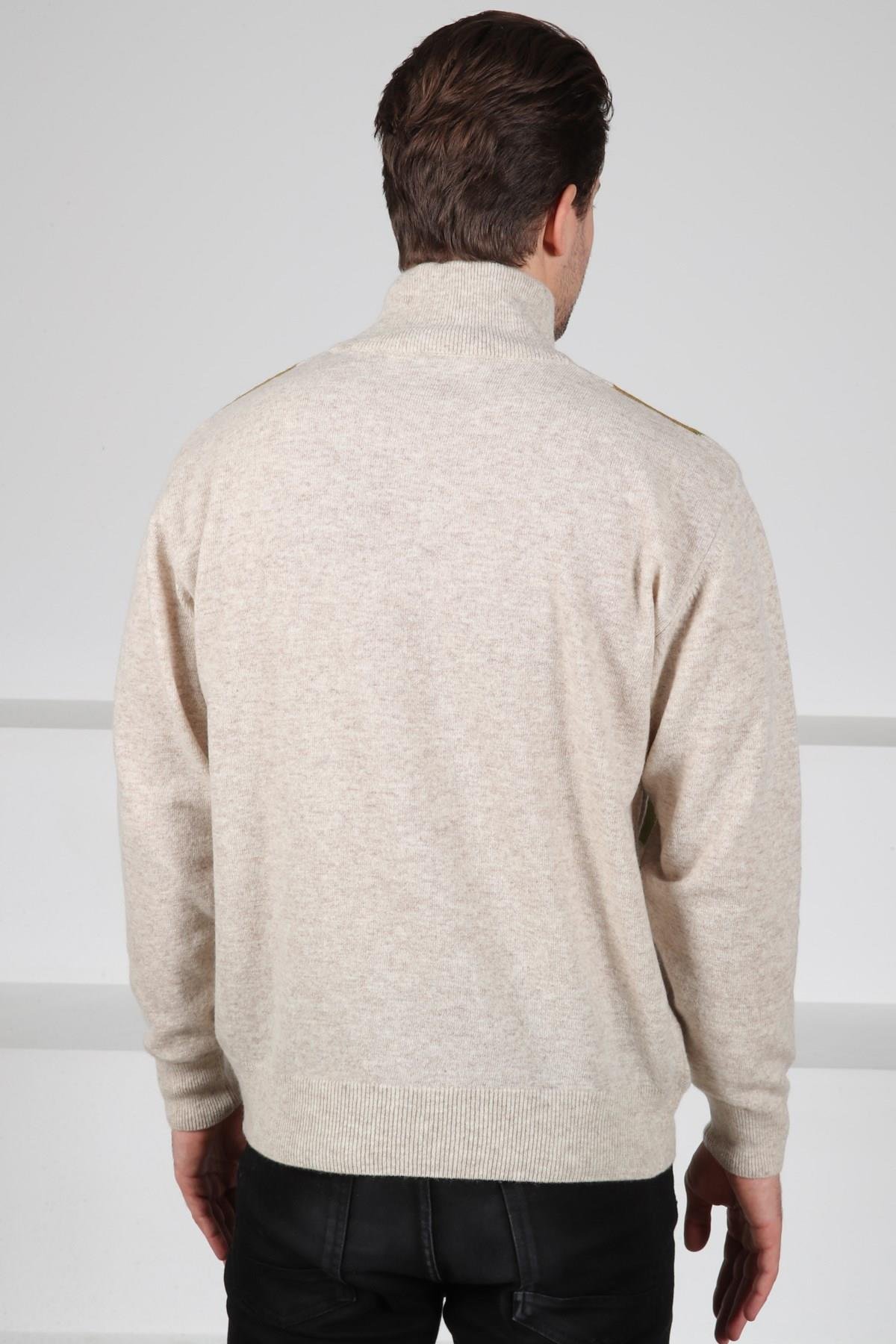 Ferraro A.Bej Balıkçı Yaka Fermuarlı Camel Yeşil Desen Detaylı Uzun Kollu %100 Kuzu Yünü Erkek Triko Kazak