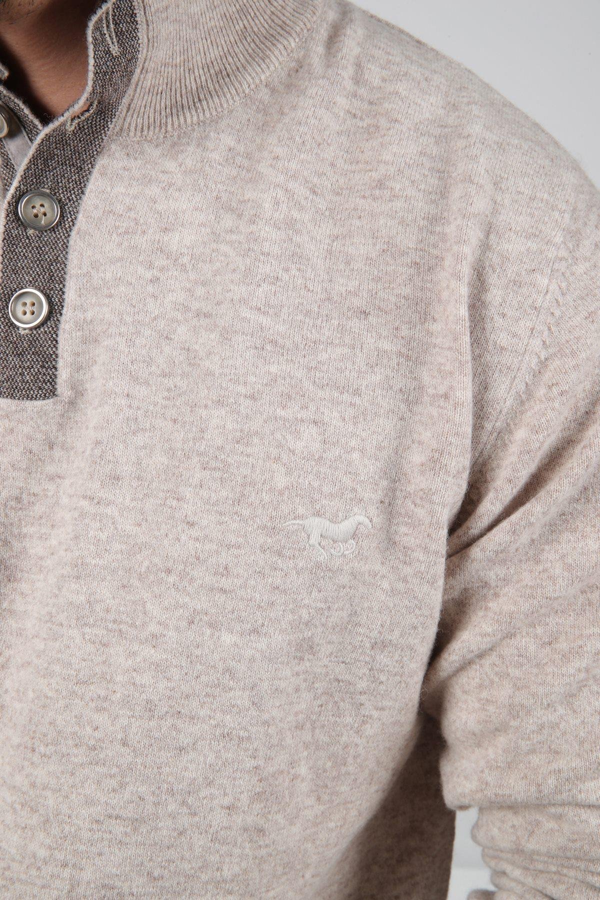 Ferraro A.Bej Düğmeli Yarım Balıkçı Yaka Uzun Kollu %100 Kuzu Yünü Erkek Triko Kazak