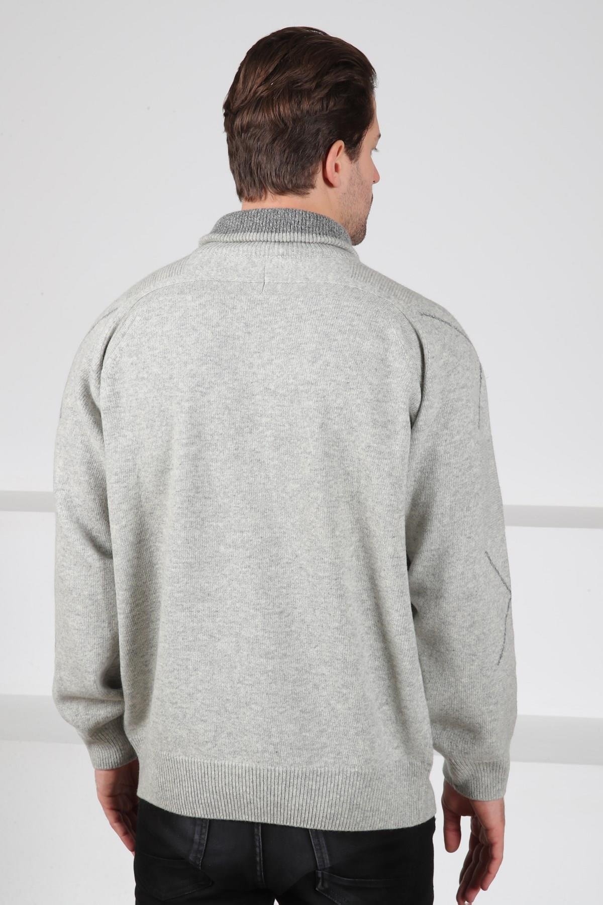 Ferraro A.Gri Balıkçı Yaka Fermuarlı Önü Düz Kolları Çizgi Detaylı Uzun Kollu %100 Kuzu Yünü Erkek Triko Kazak