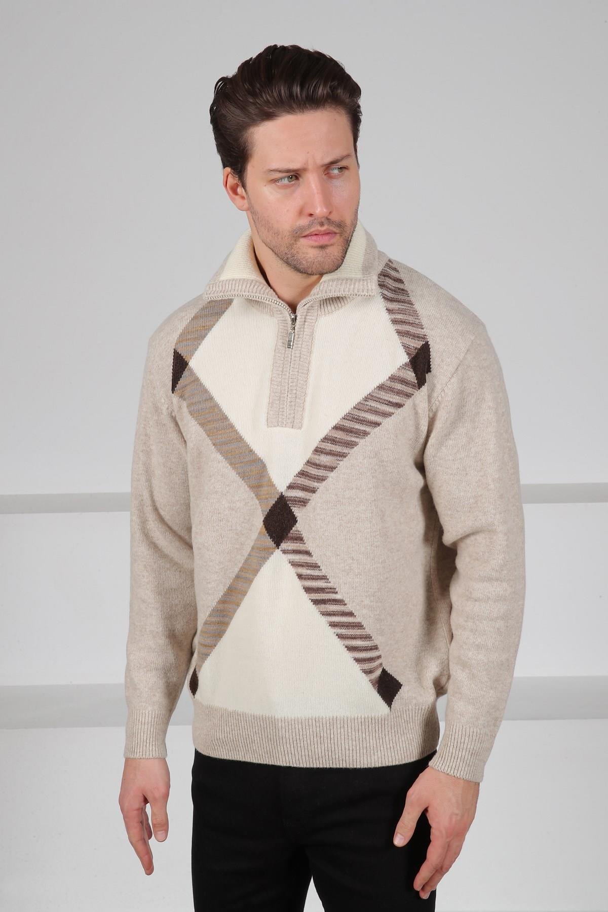 Ferraro A.Bej Balıkçı Yaka Fermuarlı Geometrik Desenli Uzun Kollu %100 Kuzu Yünü Erkek Triko Kazak