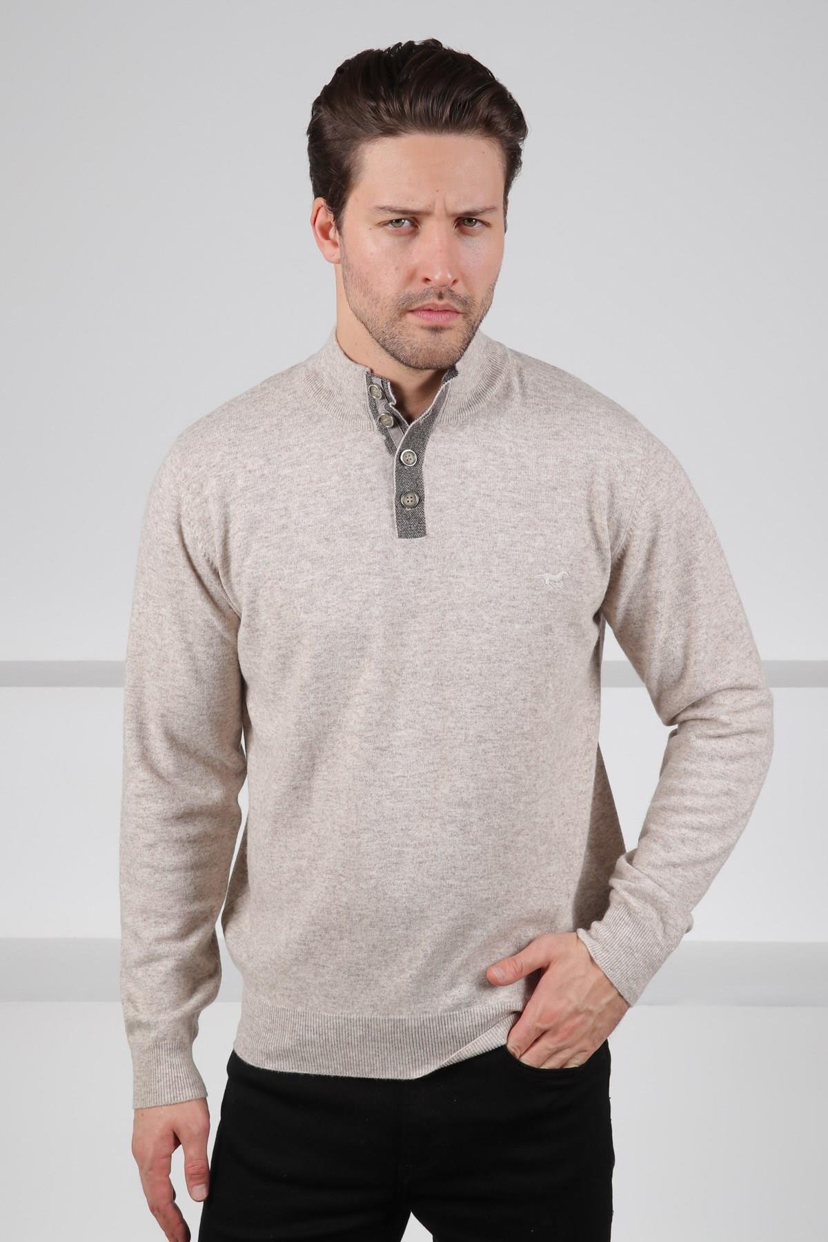 Ferraro A.Bej Düğmeli Yarım Balıkçı Yaka Uzun Kollu %100 Kuzu Yünü Erkek Triko Kazak