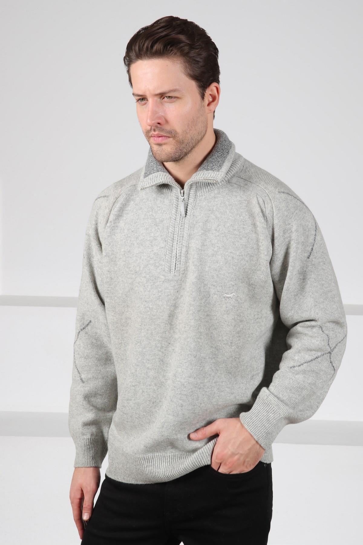 Ferraro A.Gri Balıkçı Yaka Fermuarlı Önü Düz Kolları Çizgi Detaylı Uzun Kollu %100 Kuzu Yünü Erkek Triko Kazak