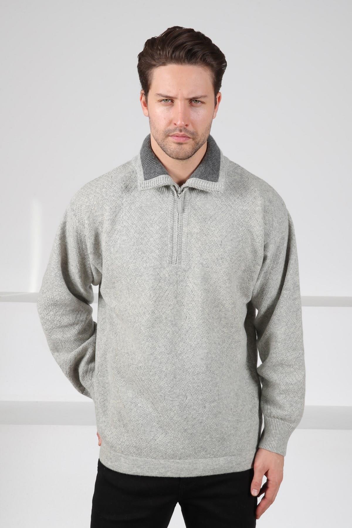 Ferraro A.Gri Balıkçı Yaka Fermuarlı Kabartma Desenli Uzun Kollu %100 Kuzu Yünü Erkek Triko Kazak