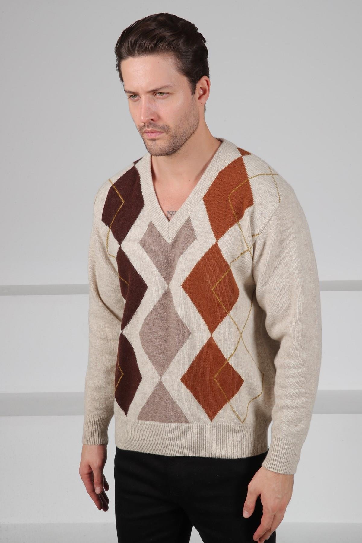 Ferraro A.Bej Baklava Desenli V Yaka Uzun Kollu %100 Kuzu Yünü Erkek Triko Kazak