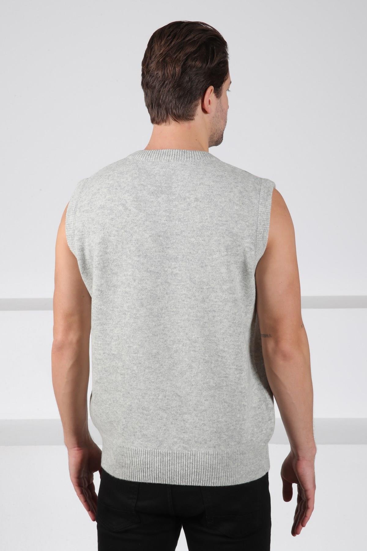 Ferraro A.Gri Baklava Desenli V Yaka %100 Kuzu Yünü Erkek Triko Süveter