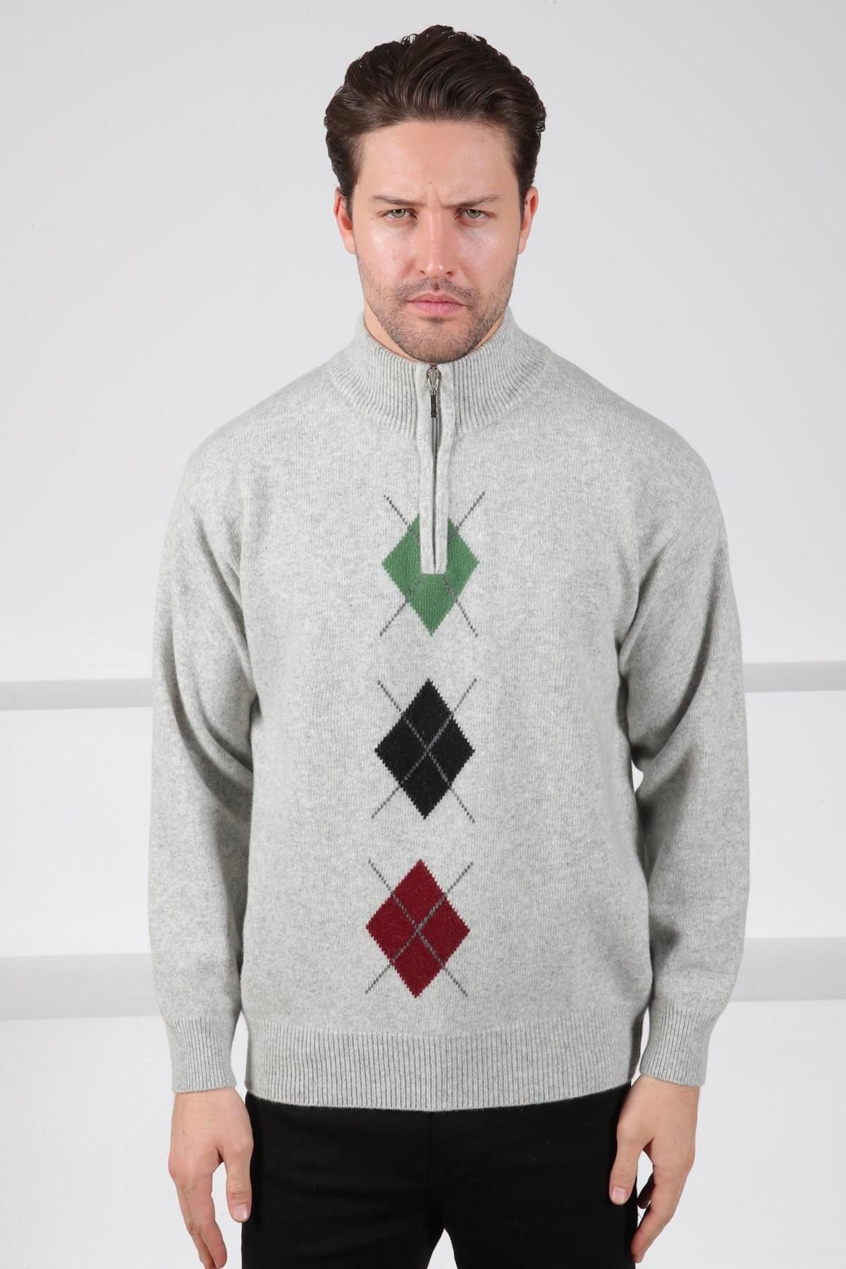 Ferraro A.Gri/Yeşil Balıkçı Yaka Fermuarlı Yeşil Siyah Desenli Uzun Kollu %100 Kuzu Yünü Erkek Triko Kazak