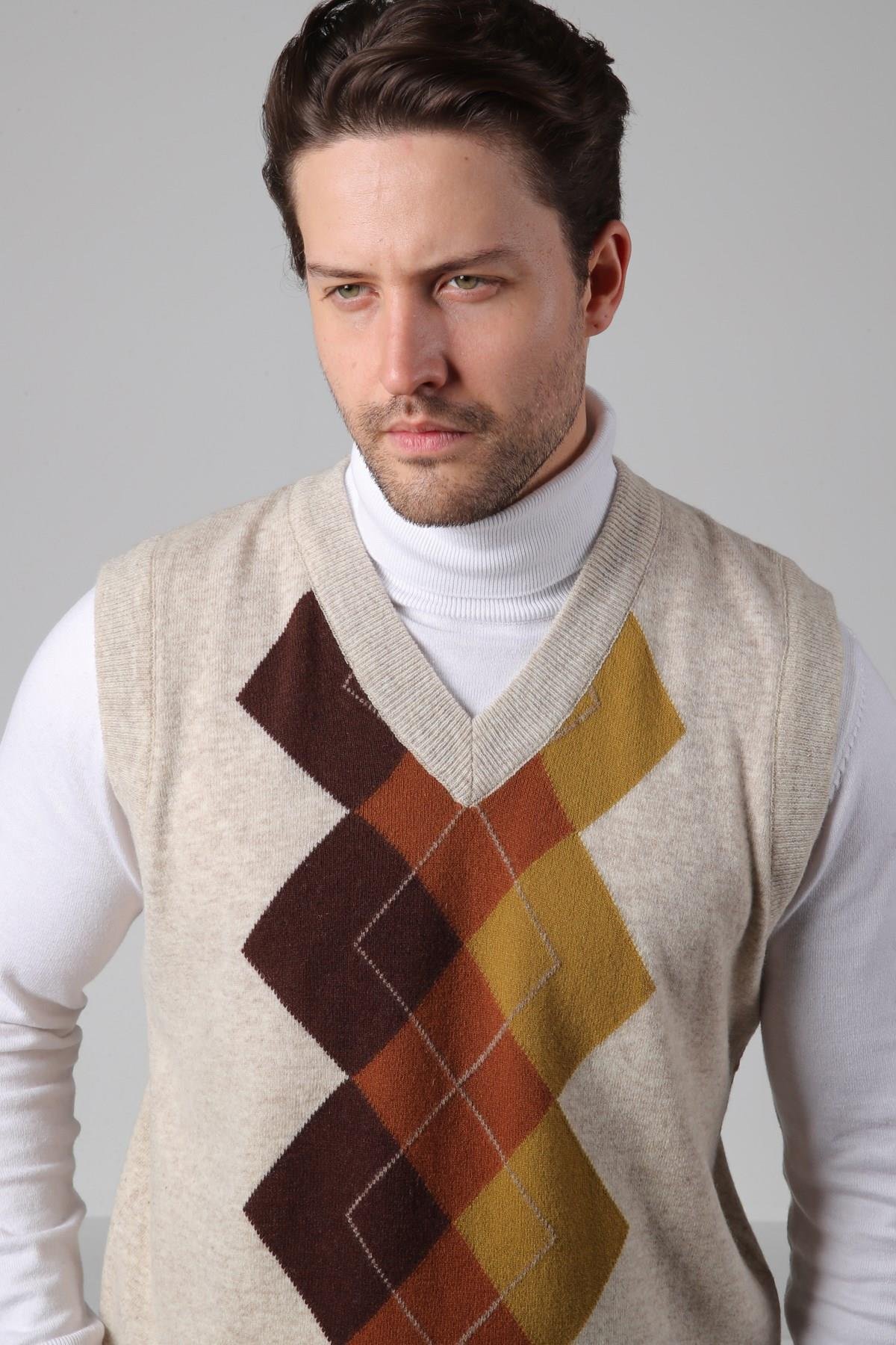 Ferraro A.Bej/Kahve V Yaka Diyagonal Desenli Uzun Kollu %100 Kuzu Yünü Erkek Triko Süveter