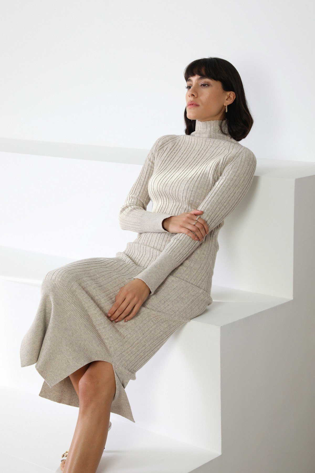 Ferraro A.Bej Balıkçı Yaka Kaşmirli Kadın Triko Elbise
