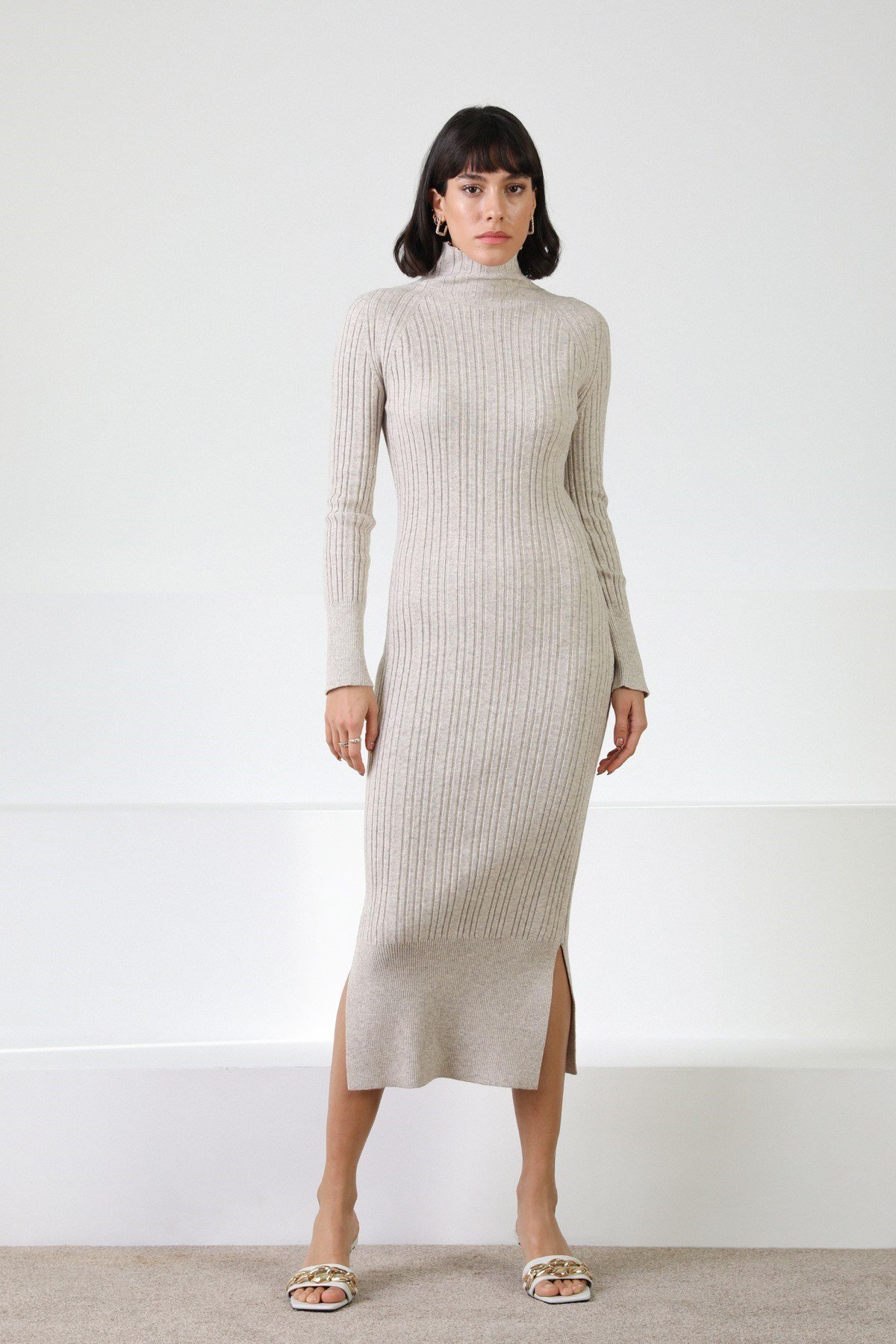 Ferraro A.Bej Balıkçı Yaka Kaşmirli Kadın Triko Elbise