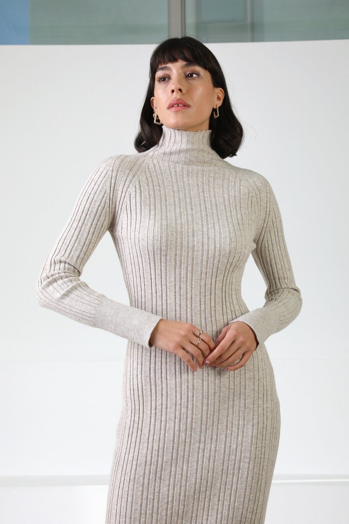 Ferraro A.Bej Balıkçı Yaka Kaşmirli Kadın Triko Elbise