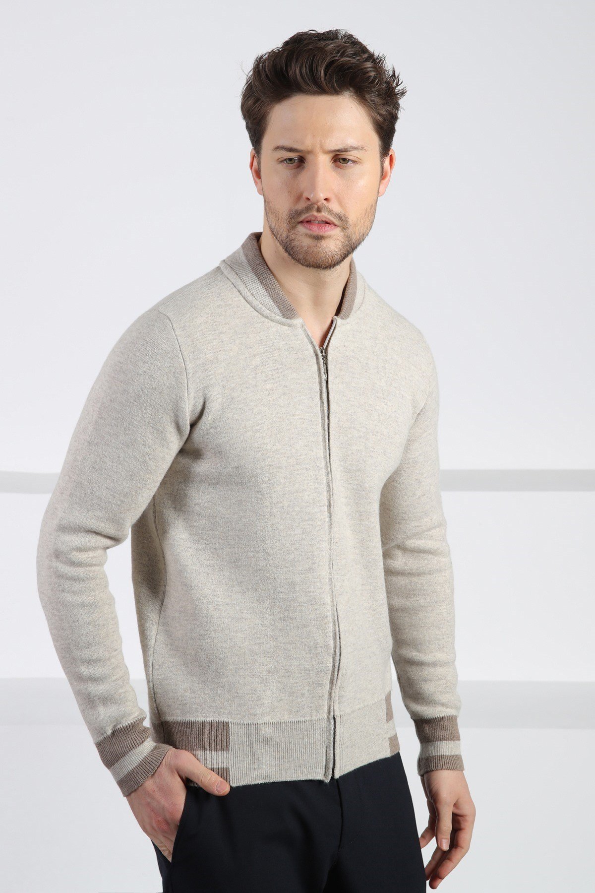 Ferraro A.Bej Bomber Yaka Kaşmirli Erkek Triko Hırka