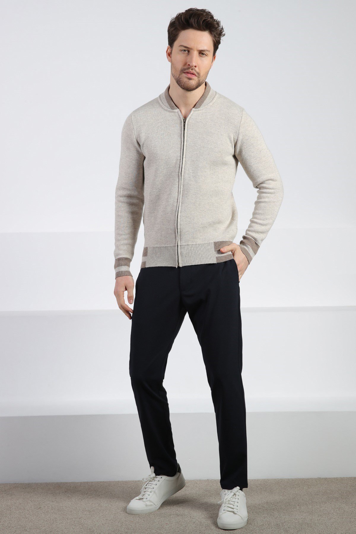 Ferraro A.Bej Bomber Yaka Kaşmirli Erkek Triko Hırka