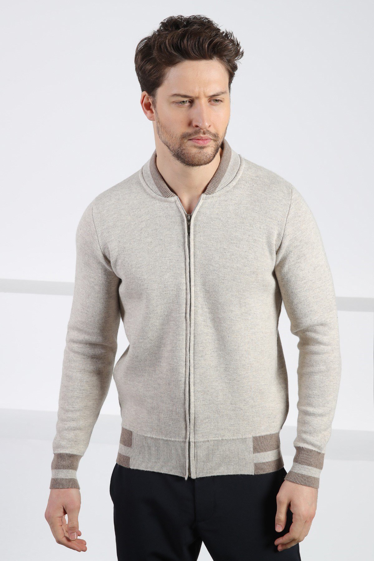 Ferraro A.Bej Bomber Yaka Kaşmirli Erkek Triko Hırka