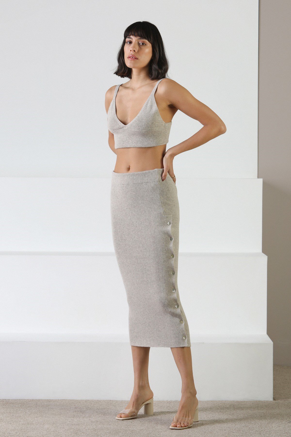 Ferraro A.Bej Düğmeli Kaşmirli Kadın Triko Etek