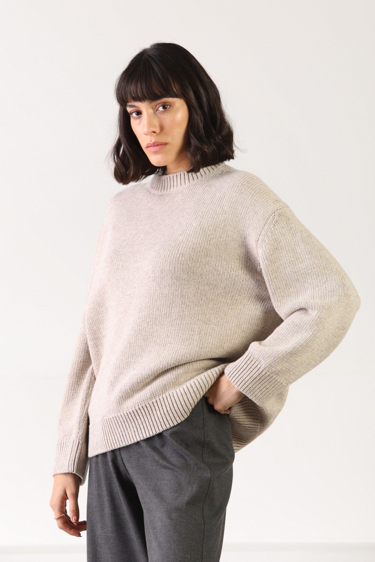 Ferraro A.Bej Uzun Kollu Bisiklet Yaka Kaşmirli Kadın Triko Kazak