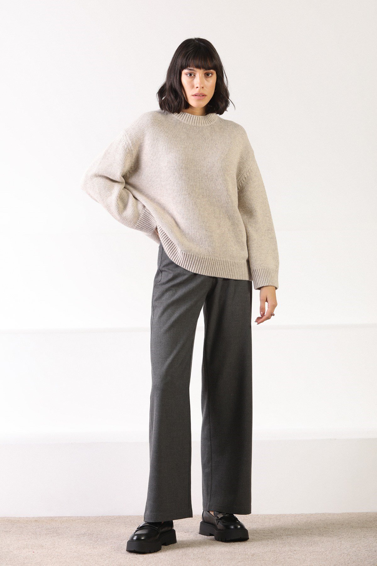 Ferraro A.Bej Uzun Kollu Bisiklet Yaka Kaşmirli Kadın Triko Kazak