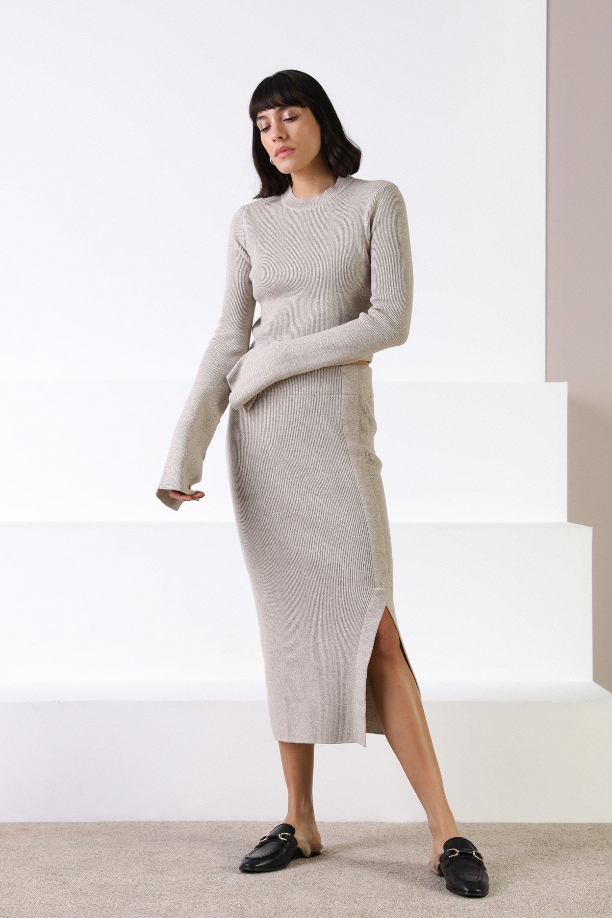 Ferraro A.Bej Uzun Kollu Bisiklet Yaka Kaşmirli Kadın Triko Kazak