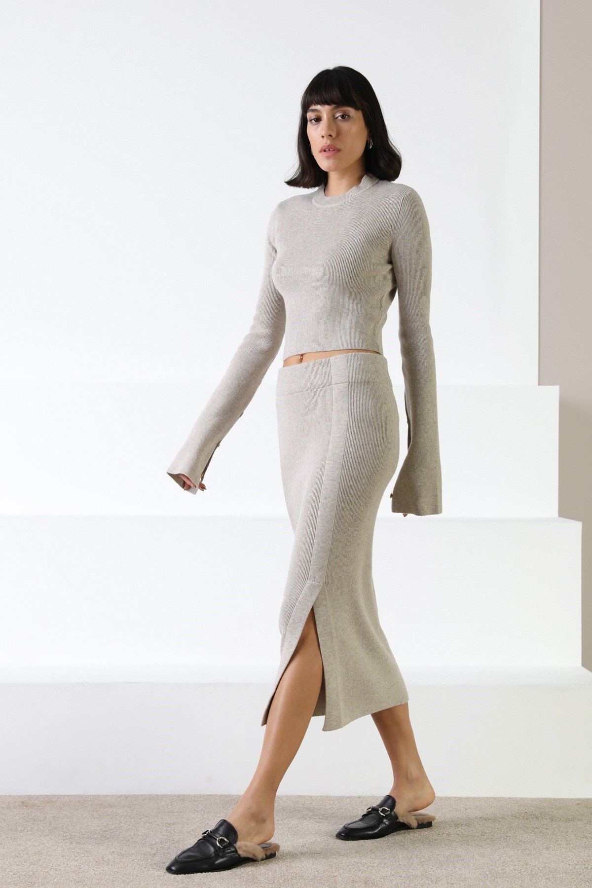 Ferraro A.Bej Uzun Kollu Bisiklet Yaka Kaşmirli Kadın Triko Kazak