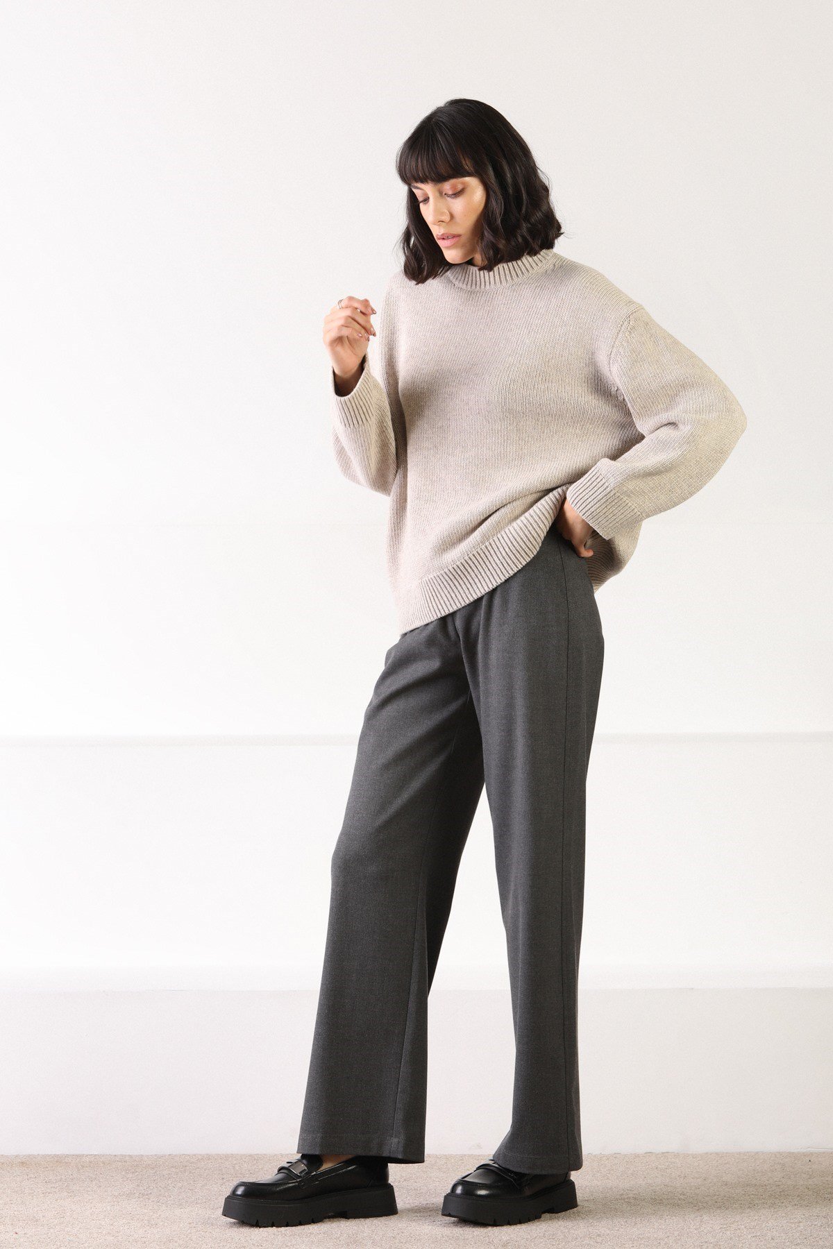 Ferraro A.Bej Uzun Kollu Bisiklet Yaka Kaşmirli Kadın Triko Kazak