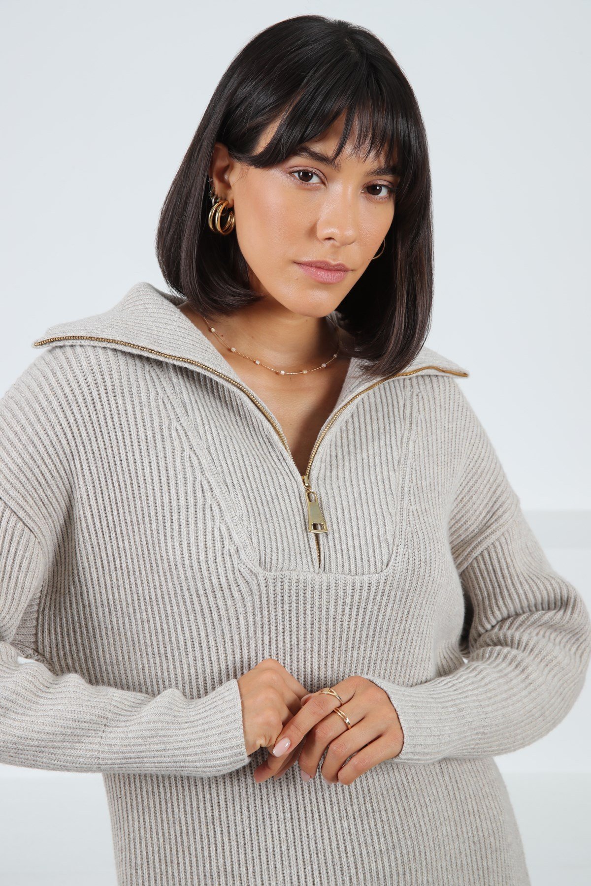 Ferraro A.Bej Uzun Kollu Kaşmirli Kadın Triko Elbise