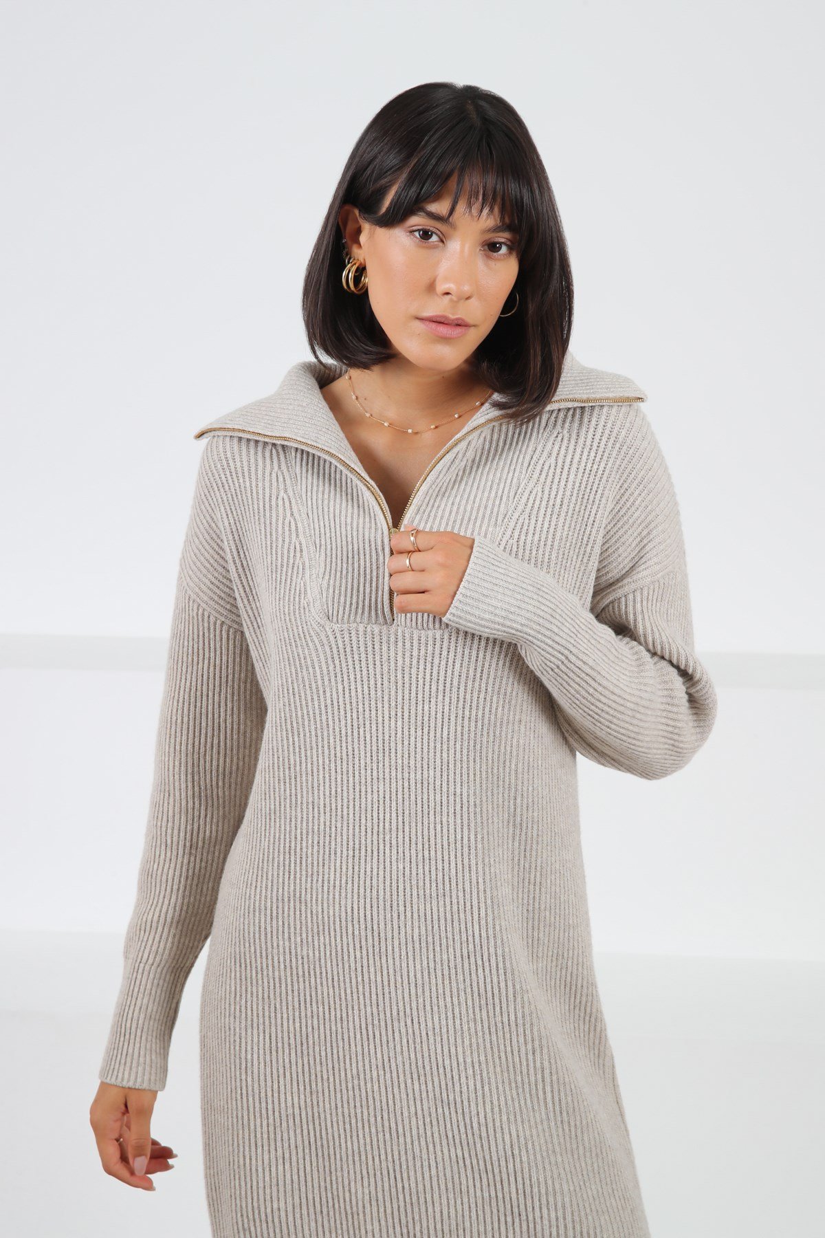 Ferraro A.Bej Uzun Kollu Kaşmirli Kadın Triko Elbise