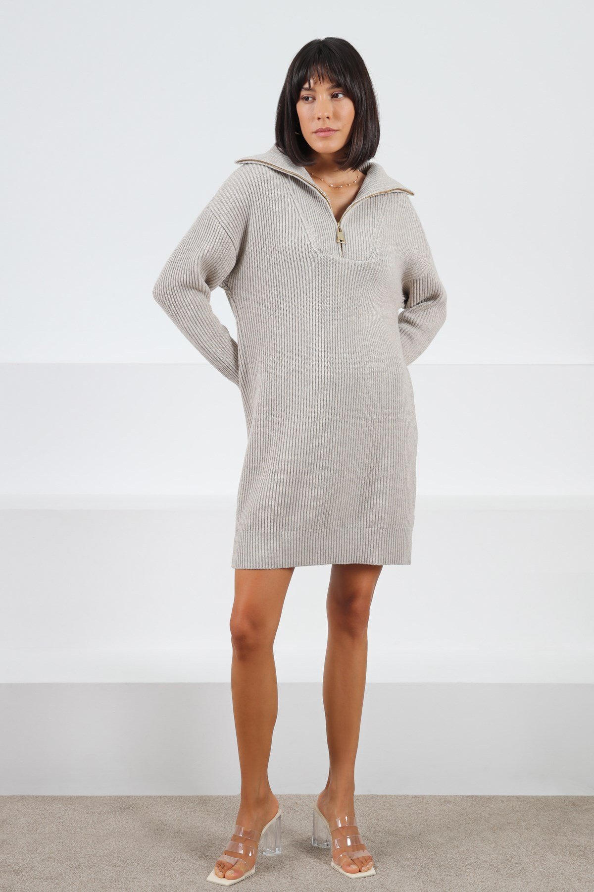 Ferraro A.Bej Uzun Kollu Kaşmirli Kadın Triko Elbise