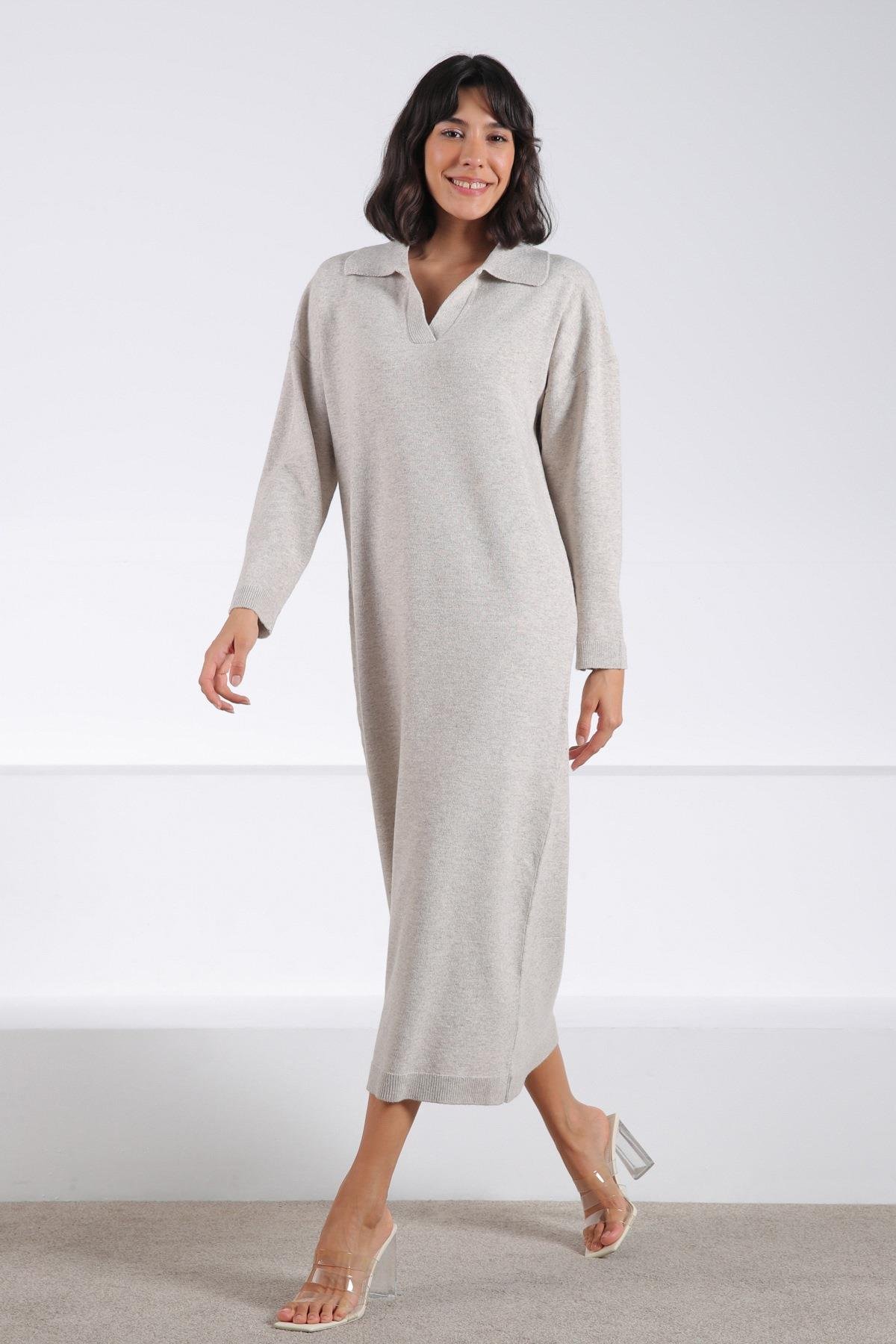 Ferraro A.Bej Uzun Kollu Polo Yaka Kadın Triko Elbise