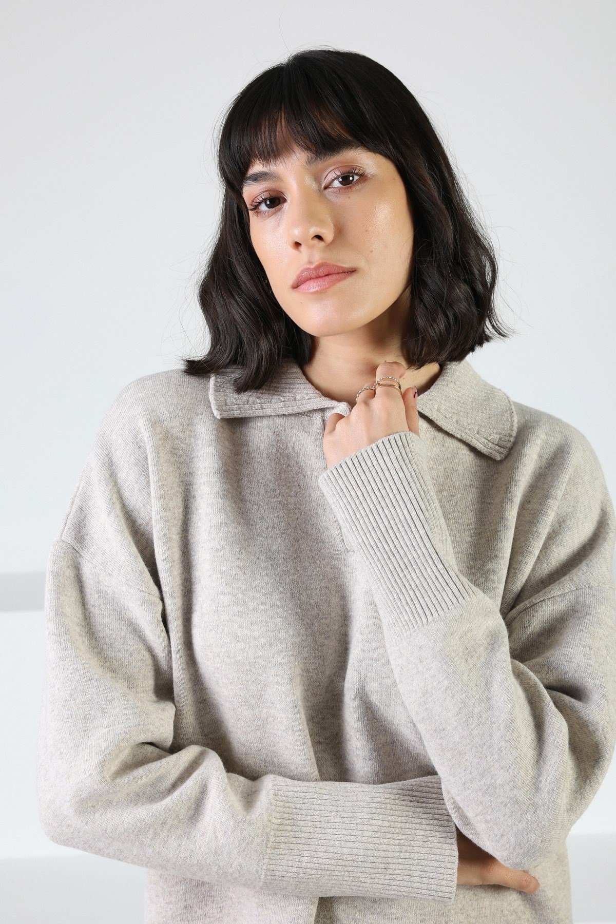 Ferraro A.Bej Uzun Kollu Polo Yaka Kaşmirli Kadın Triko Kazak