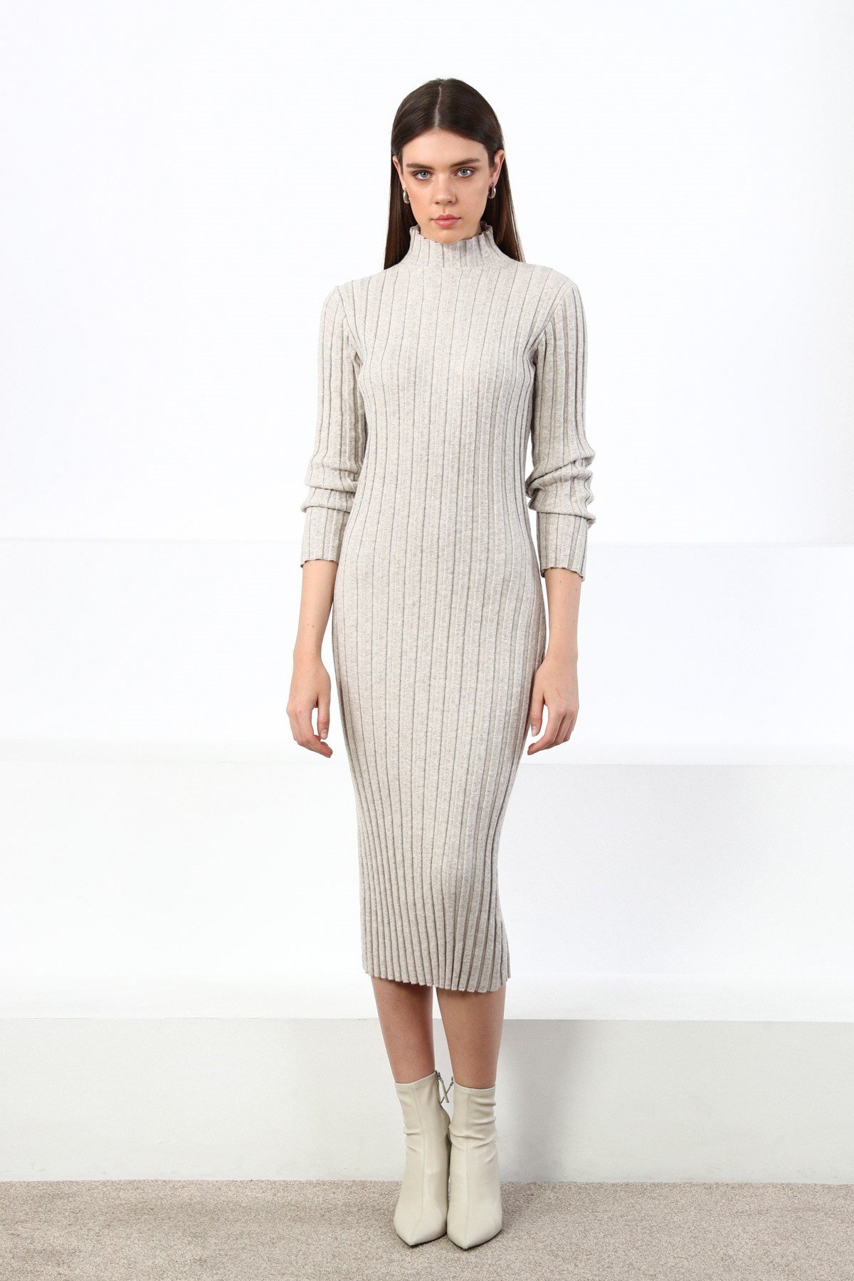 Ferraro A.Bej Yarım Balıkçı Fitilli Midi Boy Kaşmirli Kadın Triko Elbise