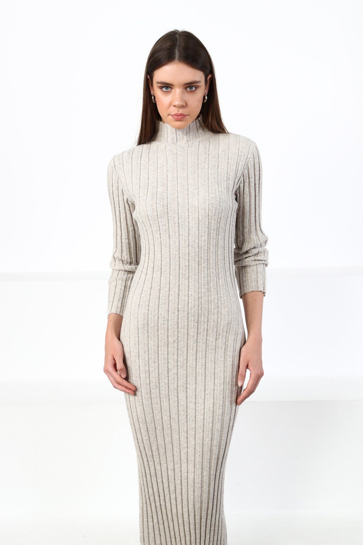 Ferraro A.Bej Yarım Balıkçı Fitilli Midi Boy Kaşmirli Kadın Triko Elbise