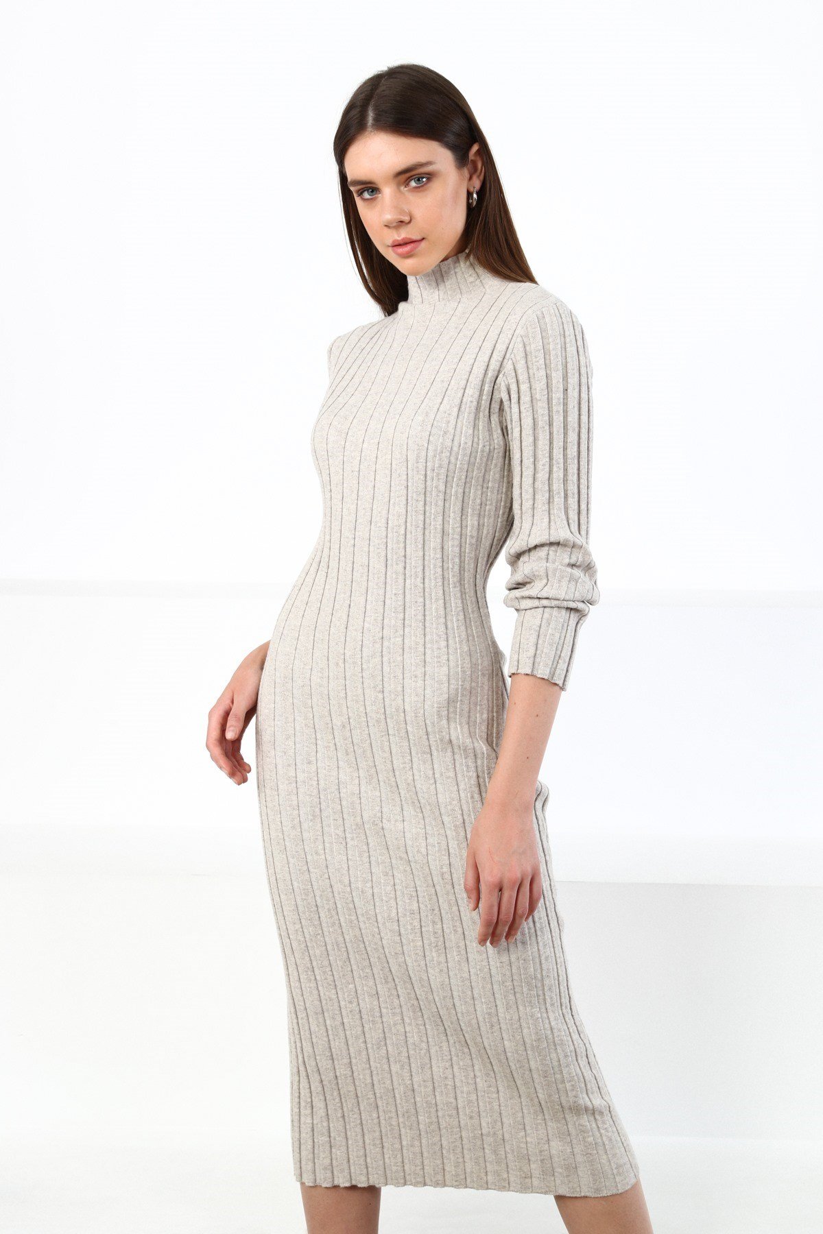 Ferraro A.Bej Yarım Balıkçı Fitilli Midi Boy Kaşmirli Kadın Triko Elbise