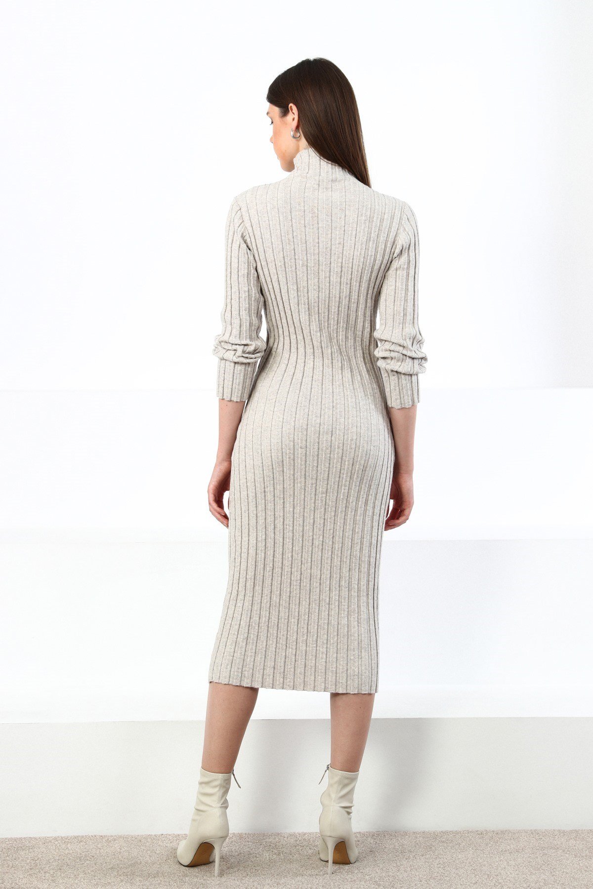 Ferraro A.Bej Yarım Balıkçı Fitilli Midi Boy Kaşmirli Kadın Triko Elbise