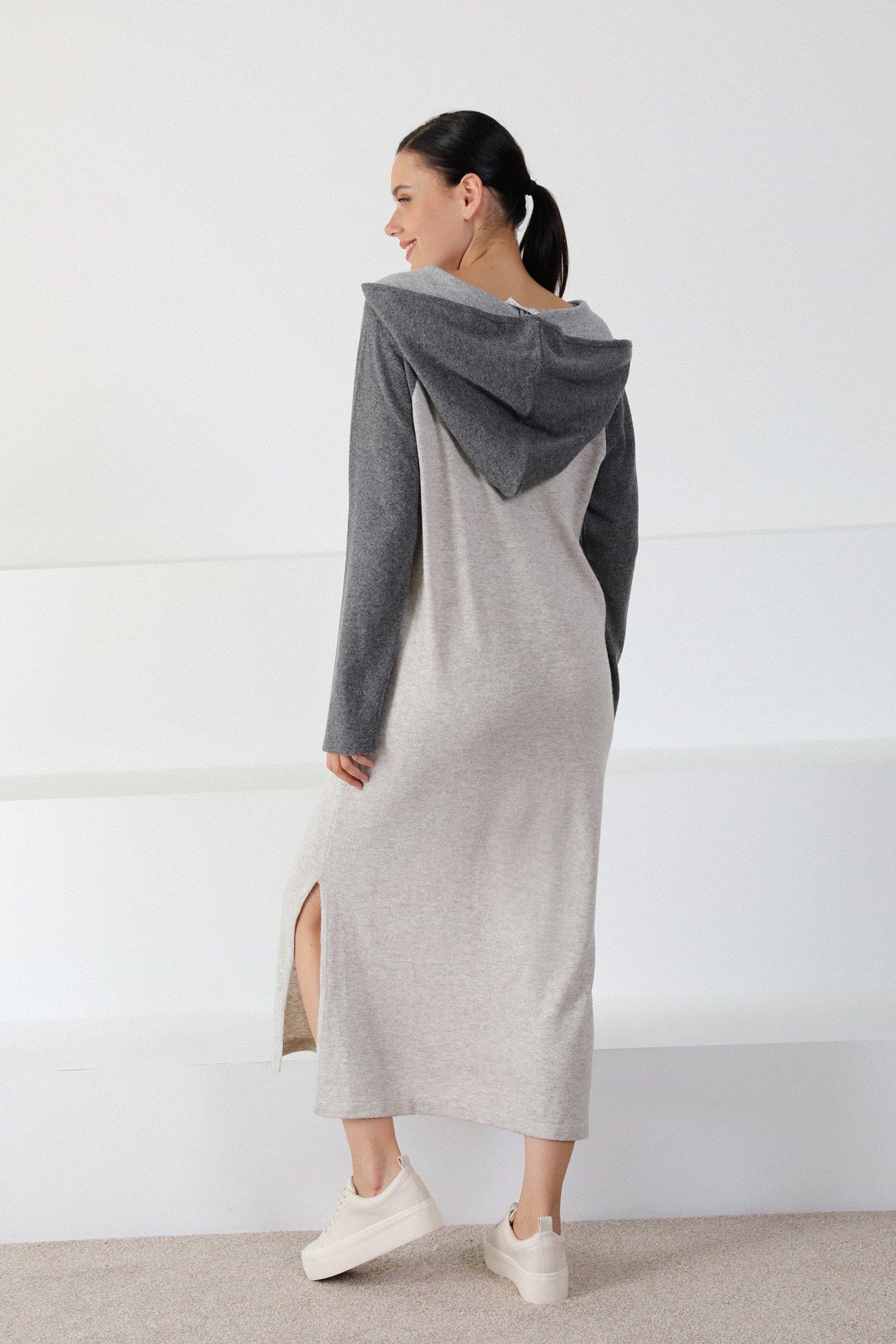 Ferraro A.Bej/Antrasit Kapüşonlu Pamuklu Kadın Triko Elbise