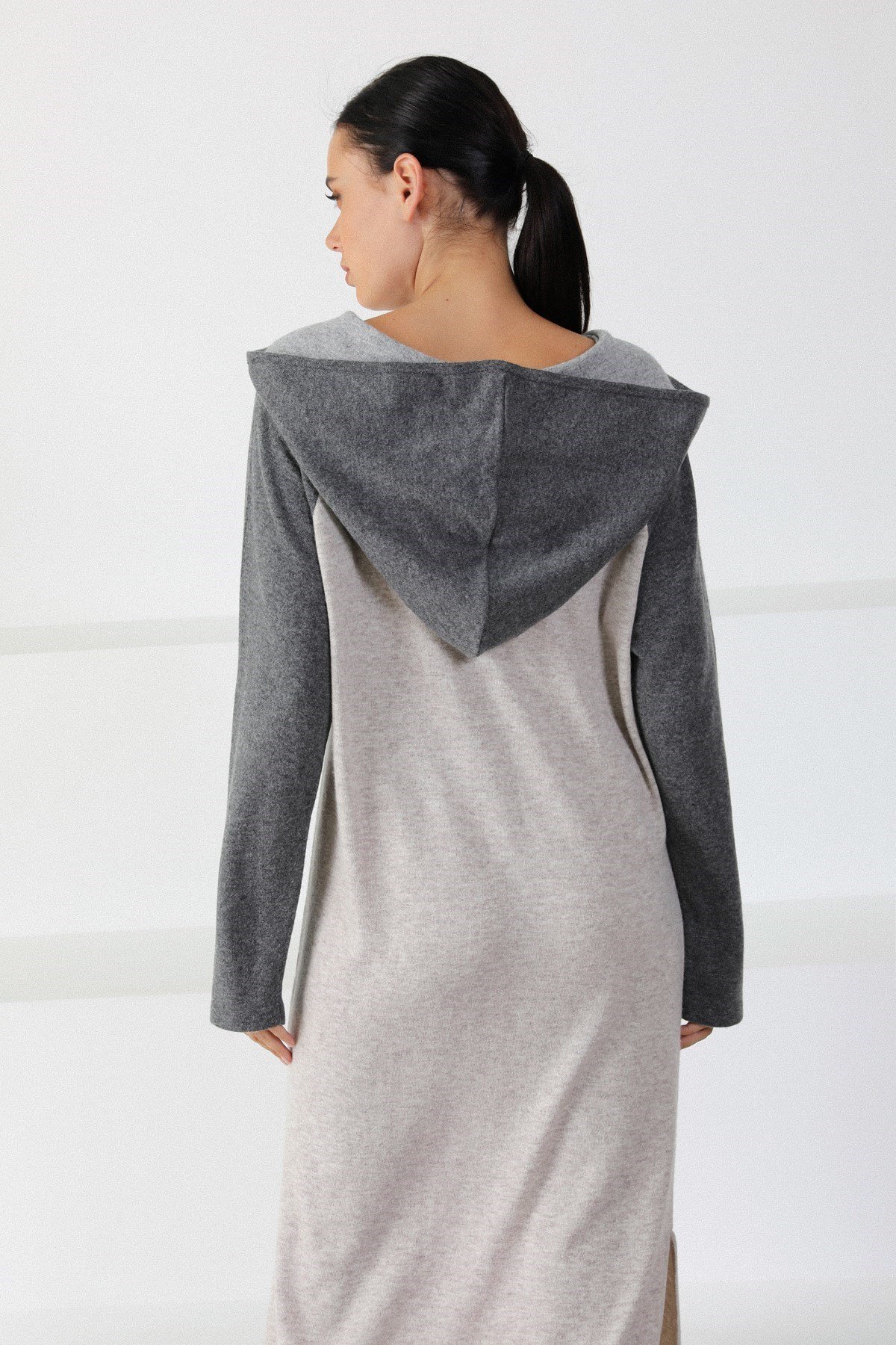 Ferraro A.Bej/Antrasit Kapüşonlu Pamuklu Kadın Triko Elbise