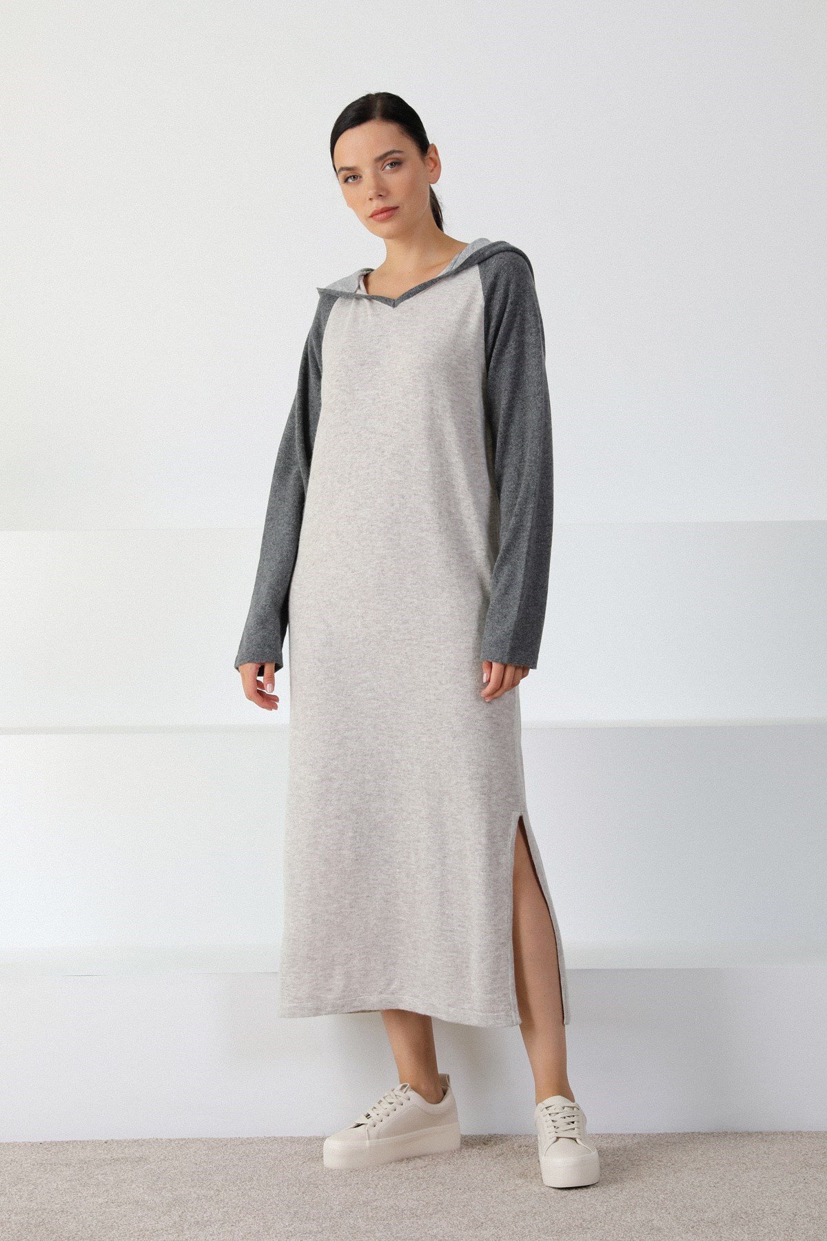 Ferraro A.Bej/Antrasit Kapüşonlu Pamuklu Kadın Triko Elbise