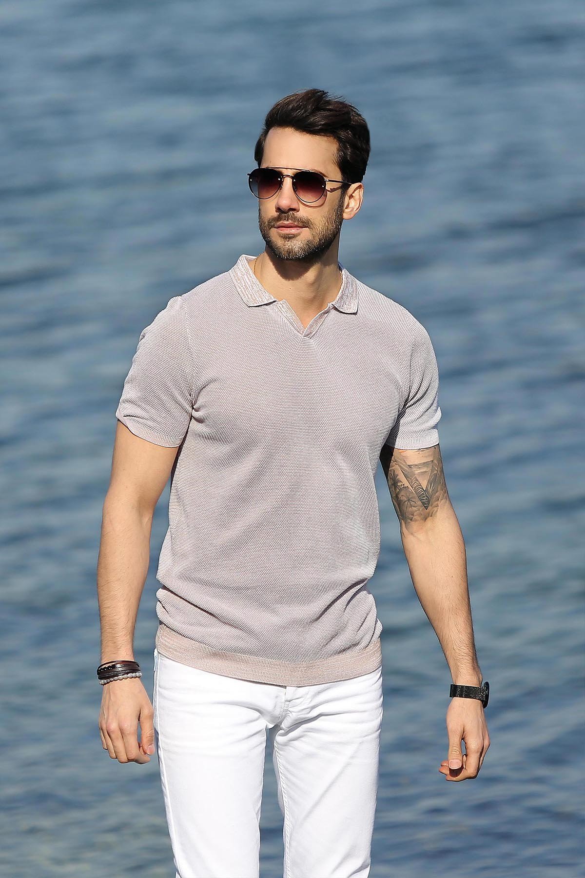 Ferraro A.Bej/Beyaz Kuşgözü Desenli Polo Yaka Erkek Triko T-Shirt