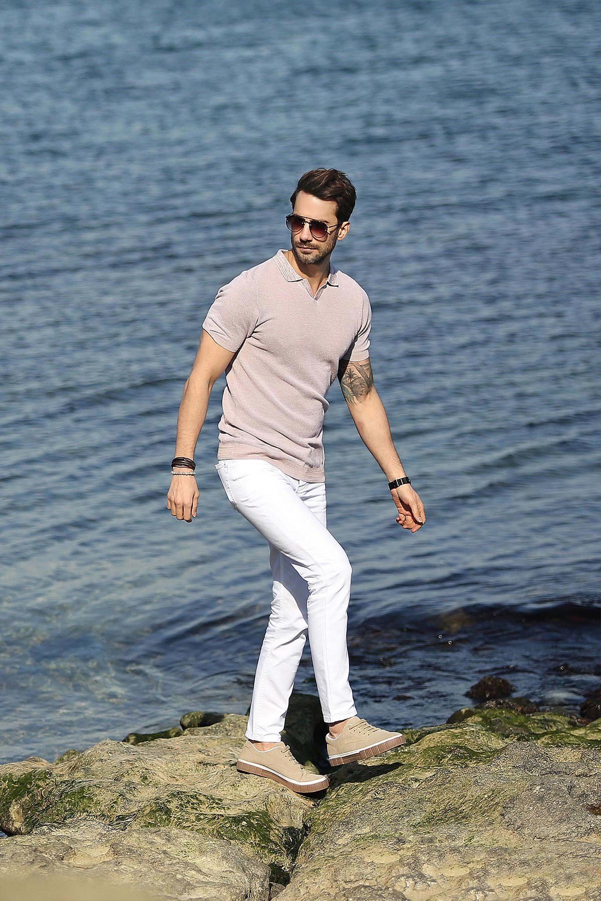 Ferraro A.Bej/Beyaz Kuşgözü Desenli Polo Yaka Erkek Triko T-Shirt