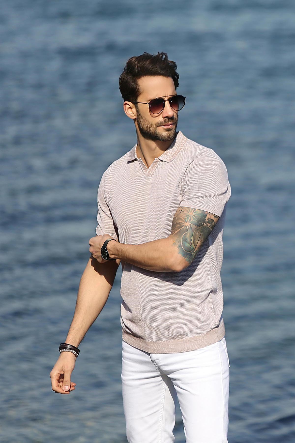 Ferraro A.Bej/Beyaz Kuşgözü Desenli Polo Yaka Erkek Triko T-Shirt