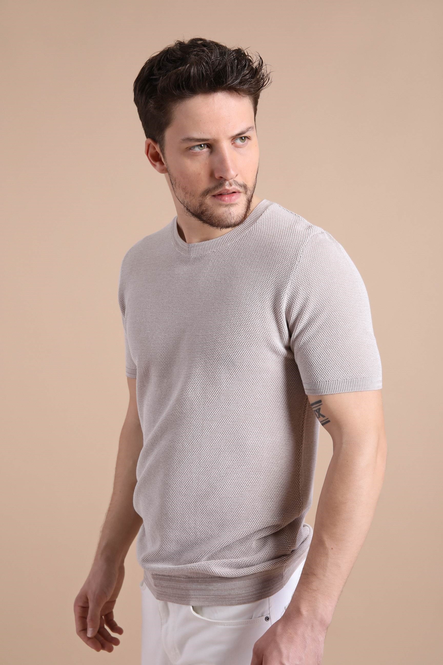 Ferraro A.Bej/Nescafe Kuşgözü Desenli Bisiklet Yaka Erkek Triko T-Shirt