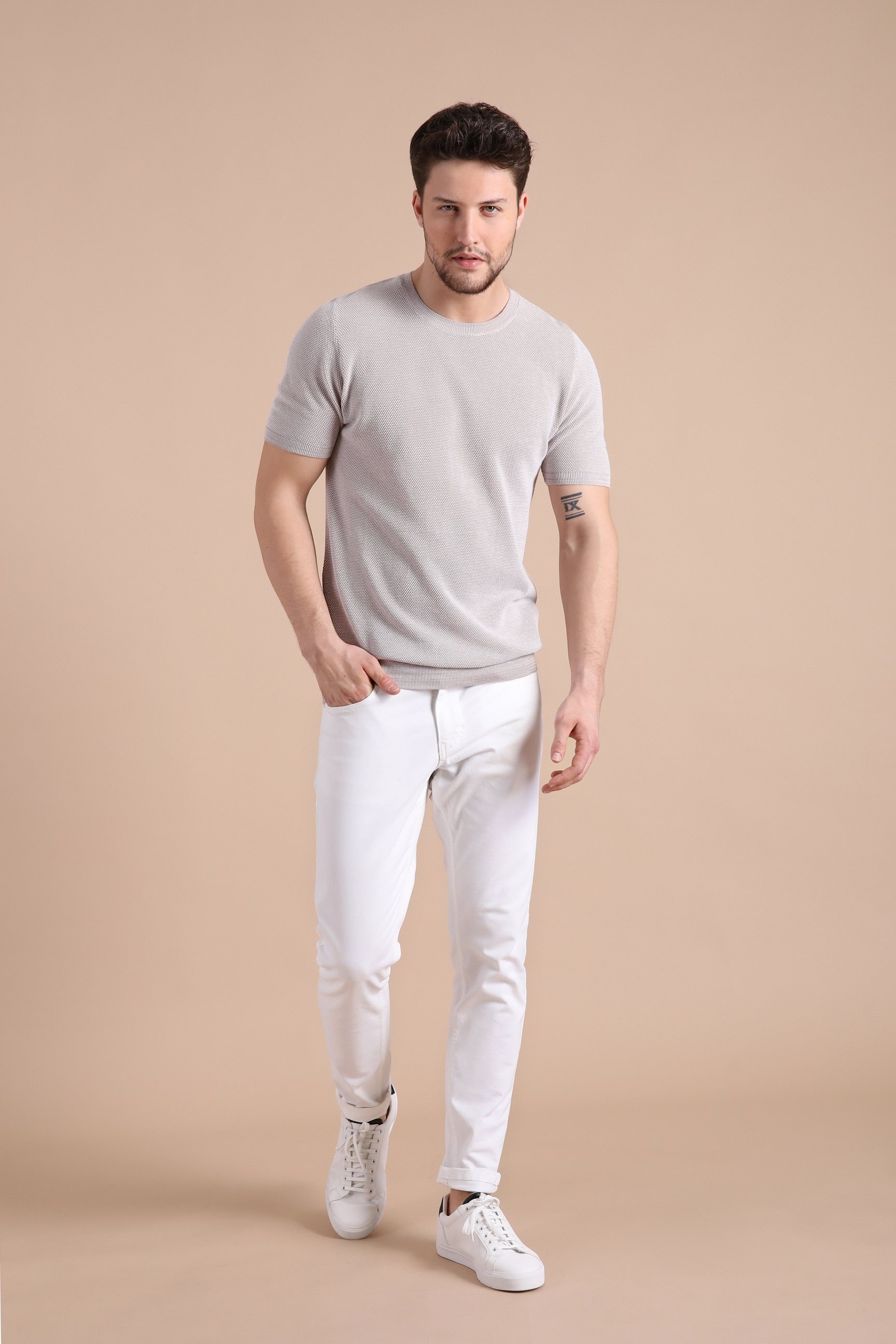 Ferraro A.Bej/Nescafe Kuşgözü Desenli Bisiklet Yaka Erkek Triko T-Shirt