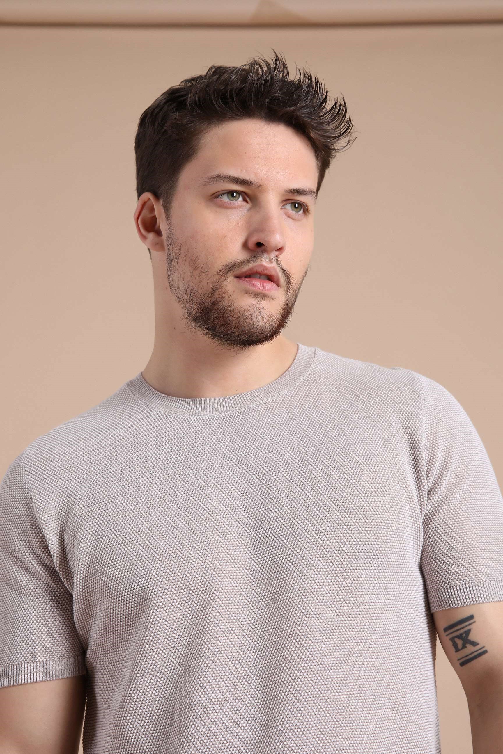 Ferraro A.Bej/Nescafe Kuşgözü Desenli Bisiklet Yaka Erkek Triko T-Shirt