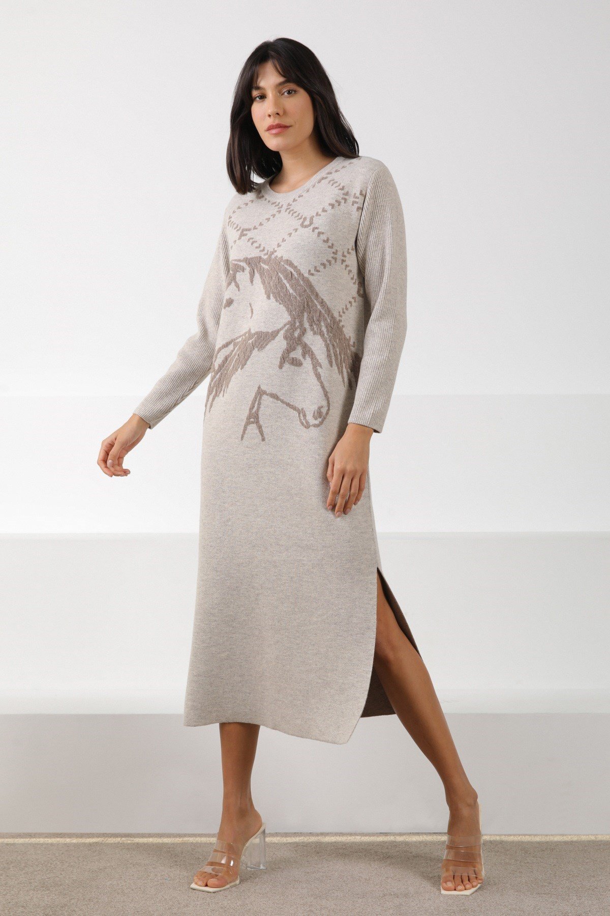 Ferraro A.Bej/Vizon Uzun Kollu Bisiklet Yaka Kaşmirli Kadın Triko Elbise