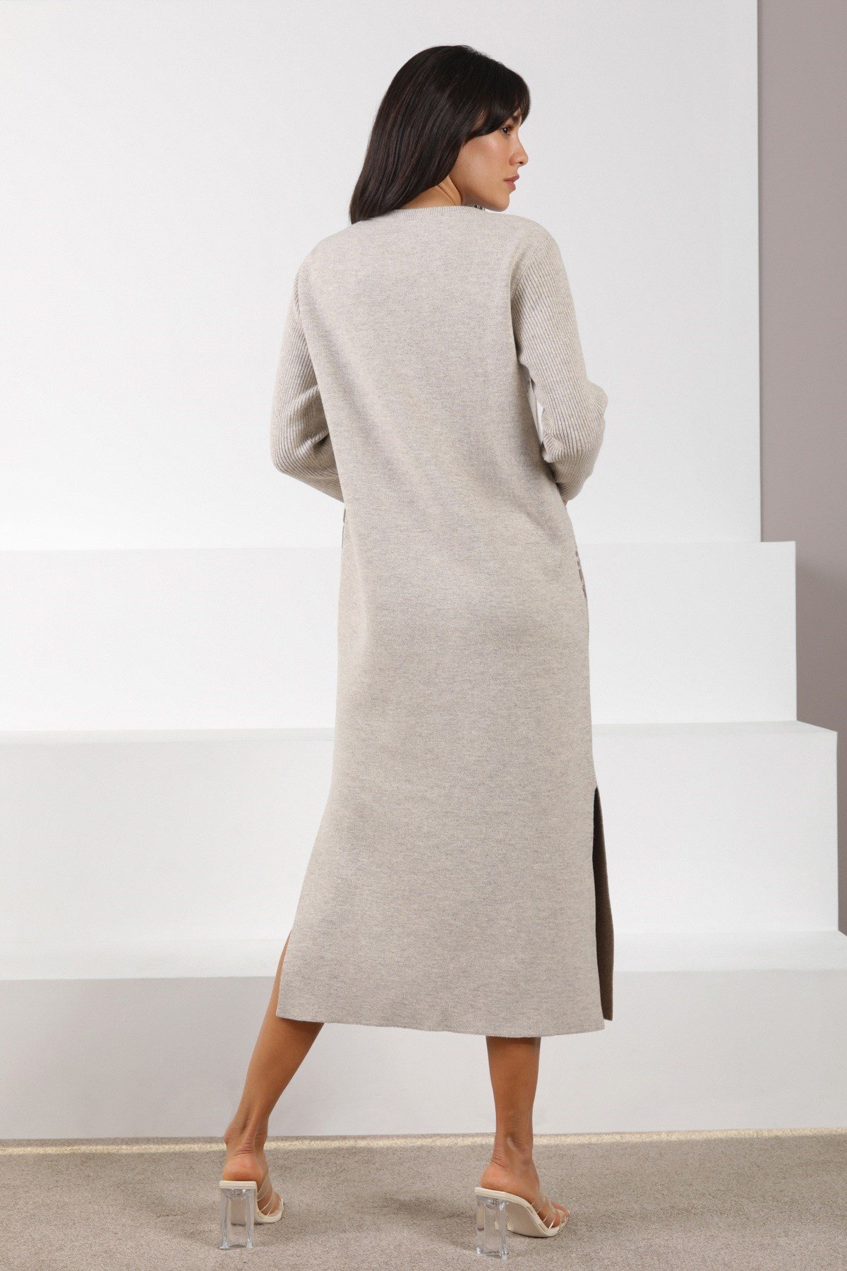 Ferraro A.Bej/Vizon Uzun Kollu Bisiklet Yaka Kaşmirli Kadın Triko Elbise