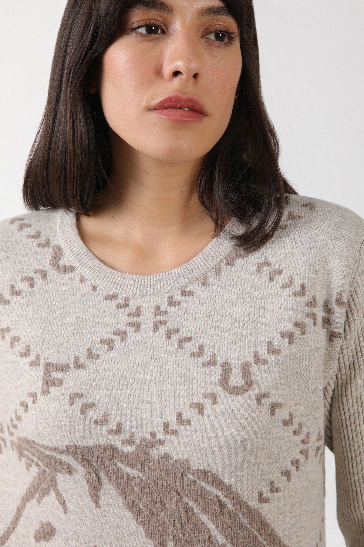 Ferraro A.Bej/Vizon Uzun Kollu Bisiklet Yaka Kaşmirli Kadın Triko Elbise