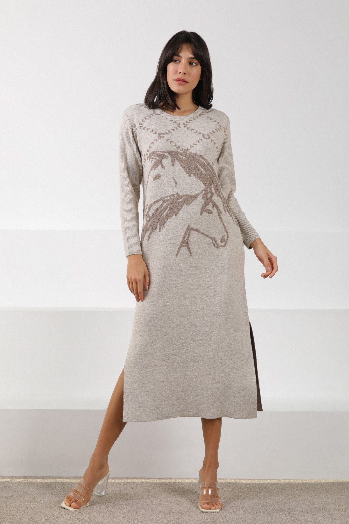 Ferraro A.Bej/Vizon Uzun Kollu Bisiklet Yaka Kaşmirli Kadın Triko Elbise