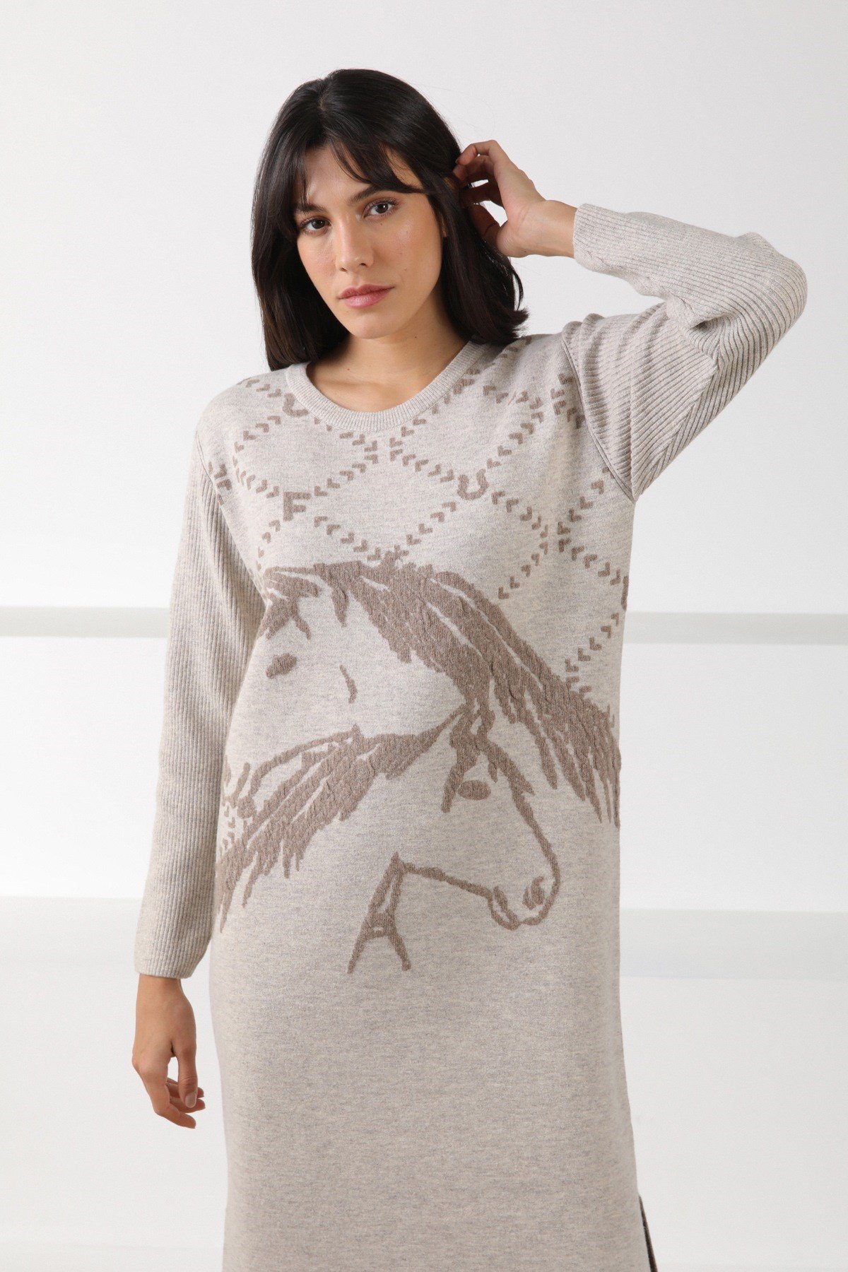 Ferraro A.Bej/Vizon Uzun Kollu Bisiklet Yaka Kaşmirli Kadın Triko Elbise