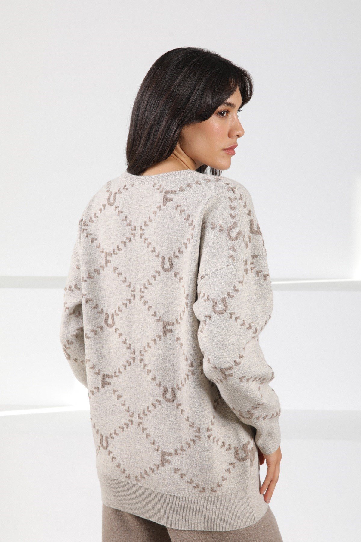 Ferraro A.Bej/Vizon Uzun Kollu Bisiklet Yaka Kaşmirli Kadın Triko Kazak