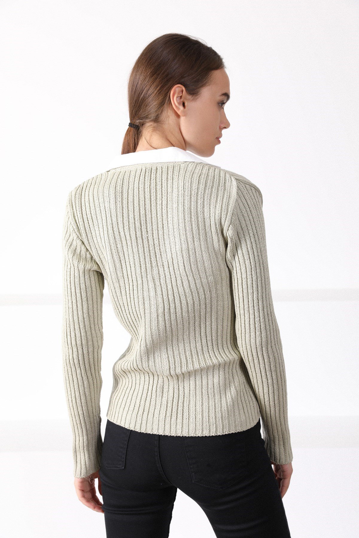 Ferraro A.Çağla Gömlek Yaka Kadın Triko Hırka