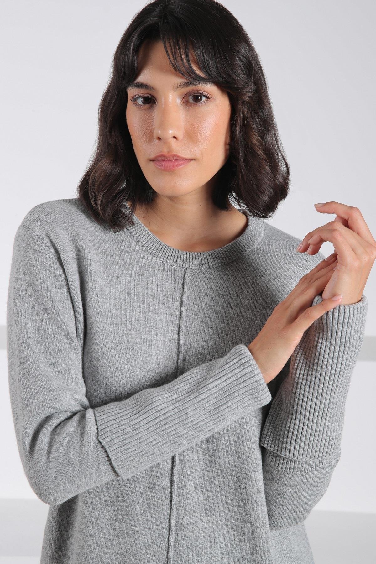 Ferraro A.Gri Arkadan Yırtmaçlı Midi Boy Kaşmirli Kadın Triko Elbise