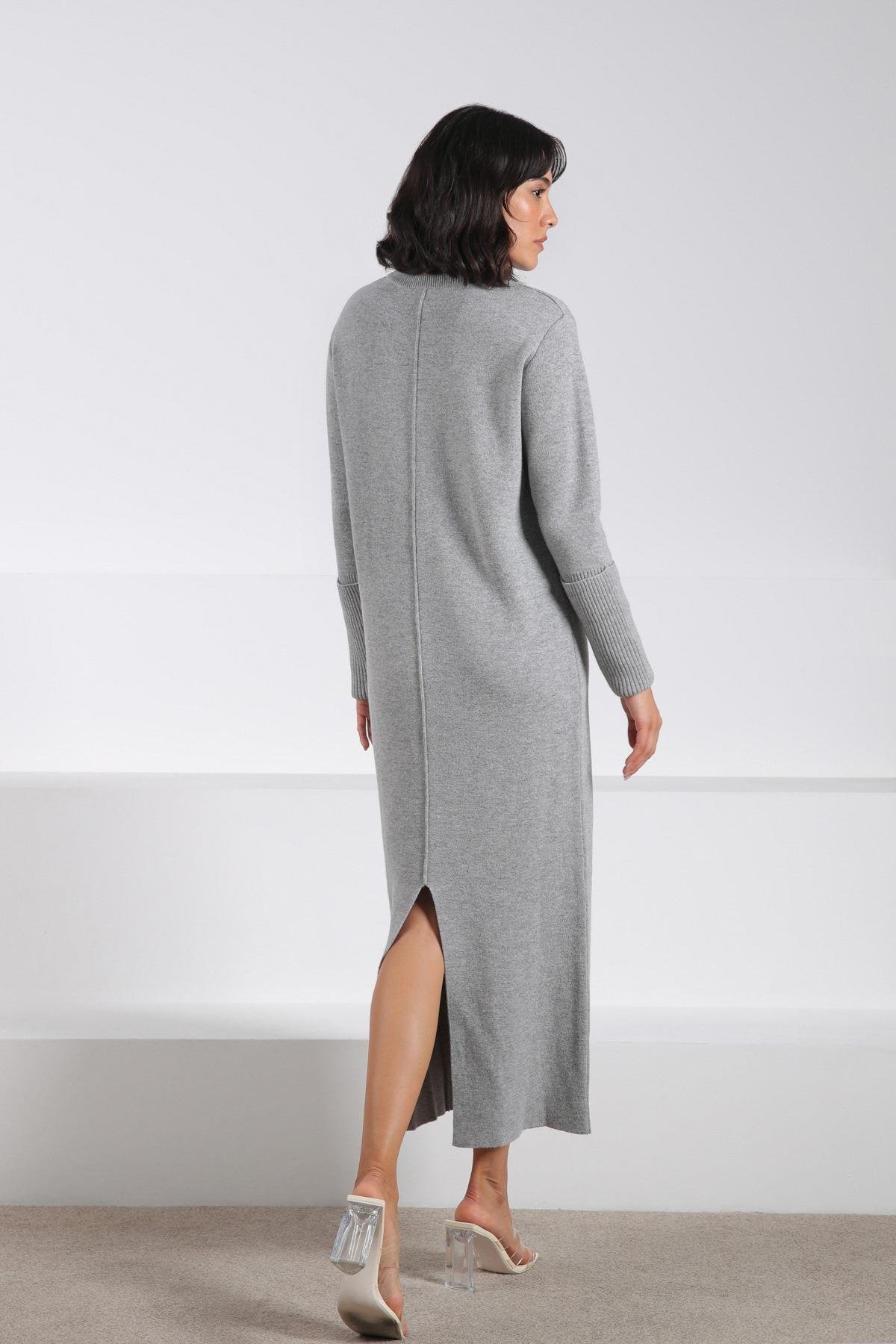 Ferraro A.Gri Arkadan Yırtmaçlı Midi Boy Kaşmirli Kadın Triko Elbise